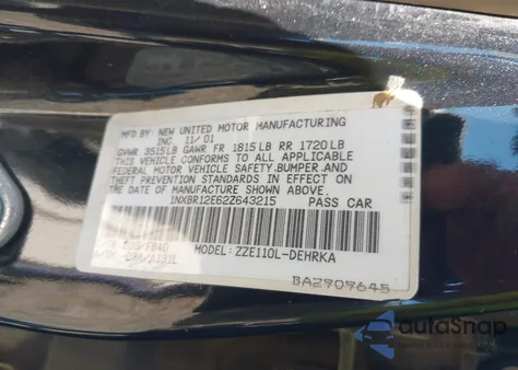 2002 Toyota Corolla Ce из США, поврежденный, VIN 1NXBR12E62Z643215